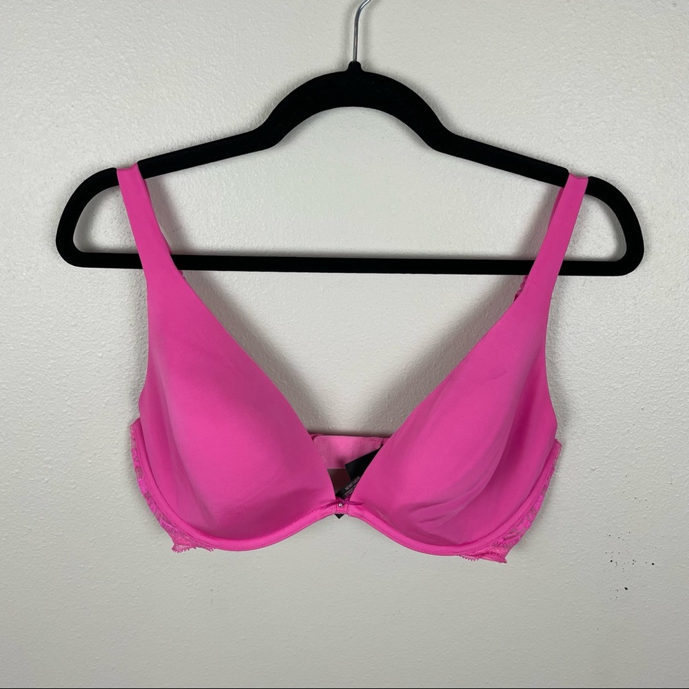 Victoria's Secret Plunge Bra Bright Pink Lace Back Size 34DD Demi Bra